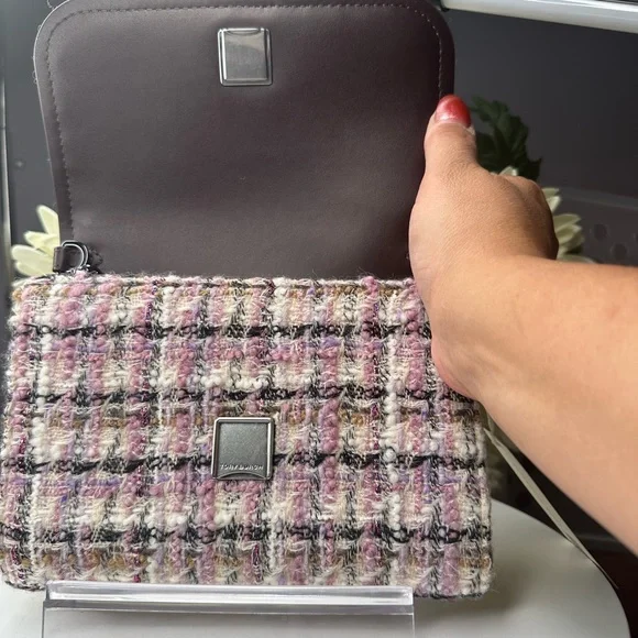 Tory Burch Emerson Tweed chain wallet NWT Ivory/Purple